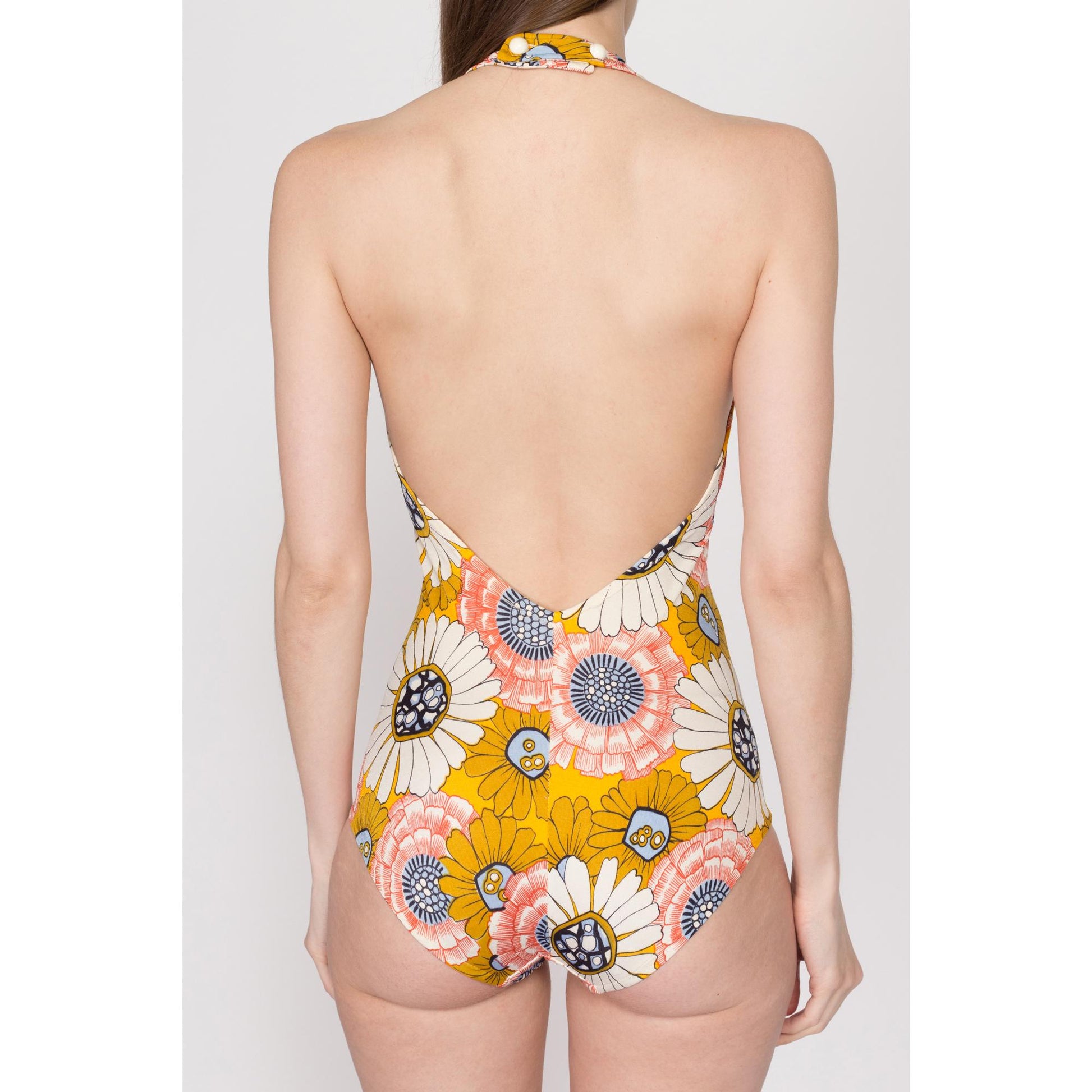 Small 60s 70s Cole Of California Floral One Piece Swimsuit | Vintage Low Back Halter Neck Bathing Suit