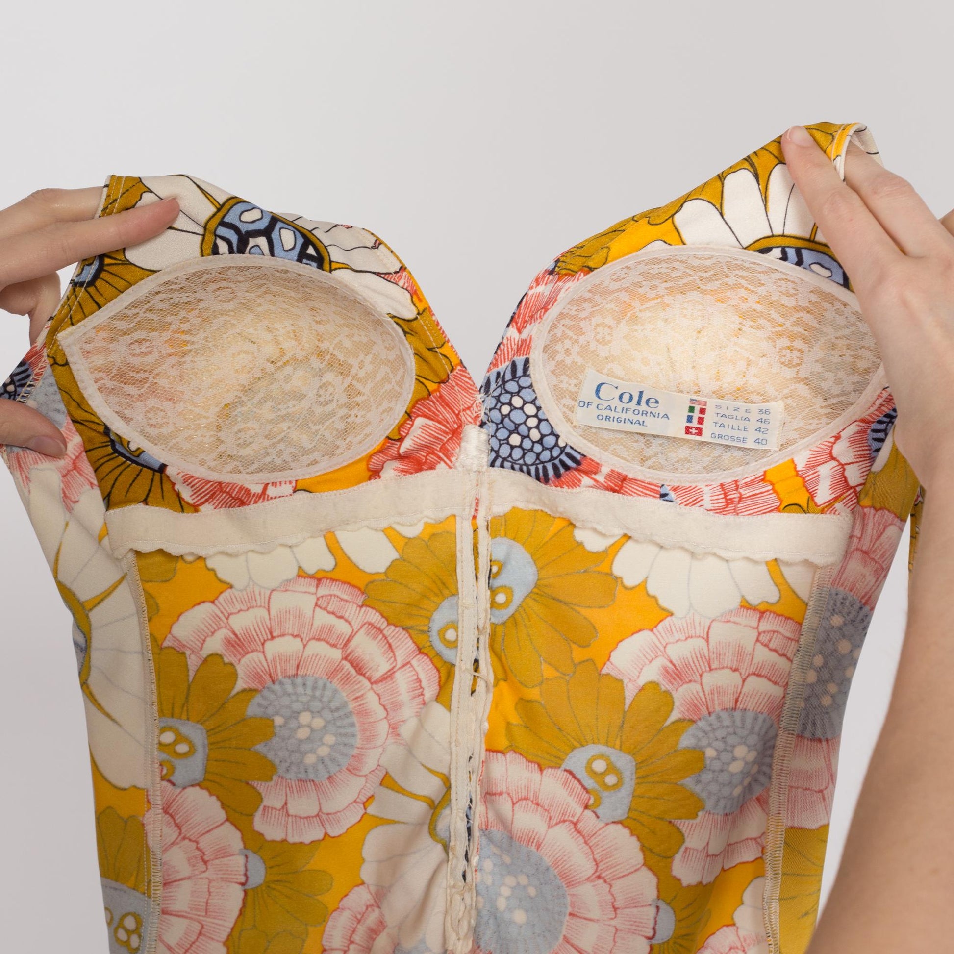 Small 60s 70s Cole Of California Floral One Piece Swimsuit | Vintage Low Back Halter Neck Bathing Suit