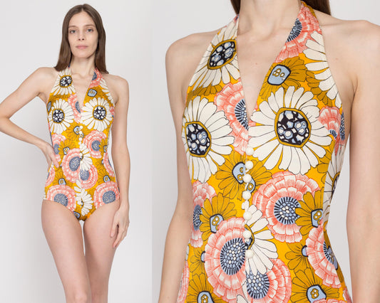 Small 60s 70s Cole Of California Floral One Piece Swimsuit | Vintage Low Back Halter Neck Bathing Suit