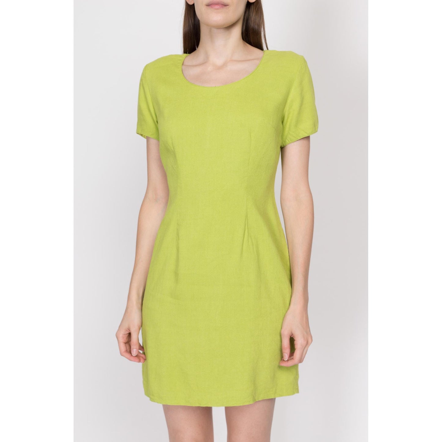 Petite Medium 80s Lime Green Mini Cocktail Dress | Vintage Scoop Neck Short Sleeve Sheath Cocktail Dress