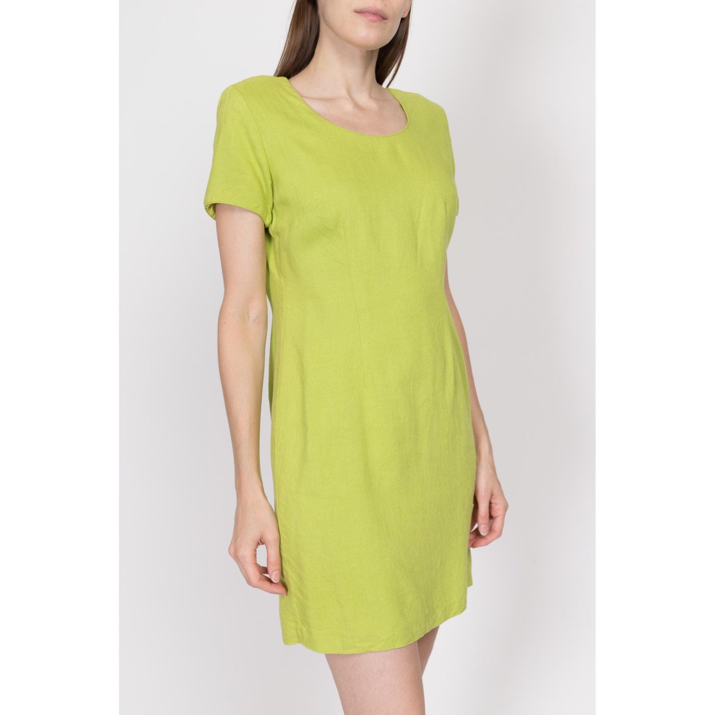 Petite Medium 80s Lime Green Mini Cocktail Dress | Vintage Scoop Neck Short Sleeve Sheath Cocktail Dress