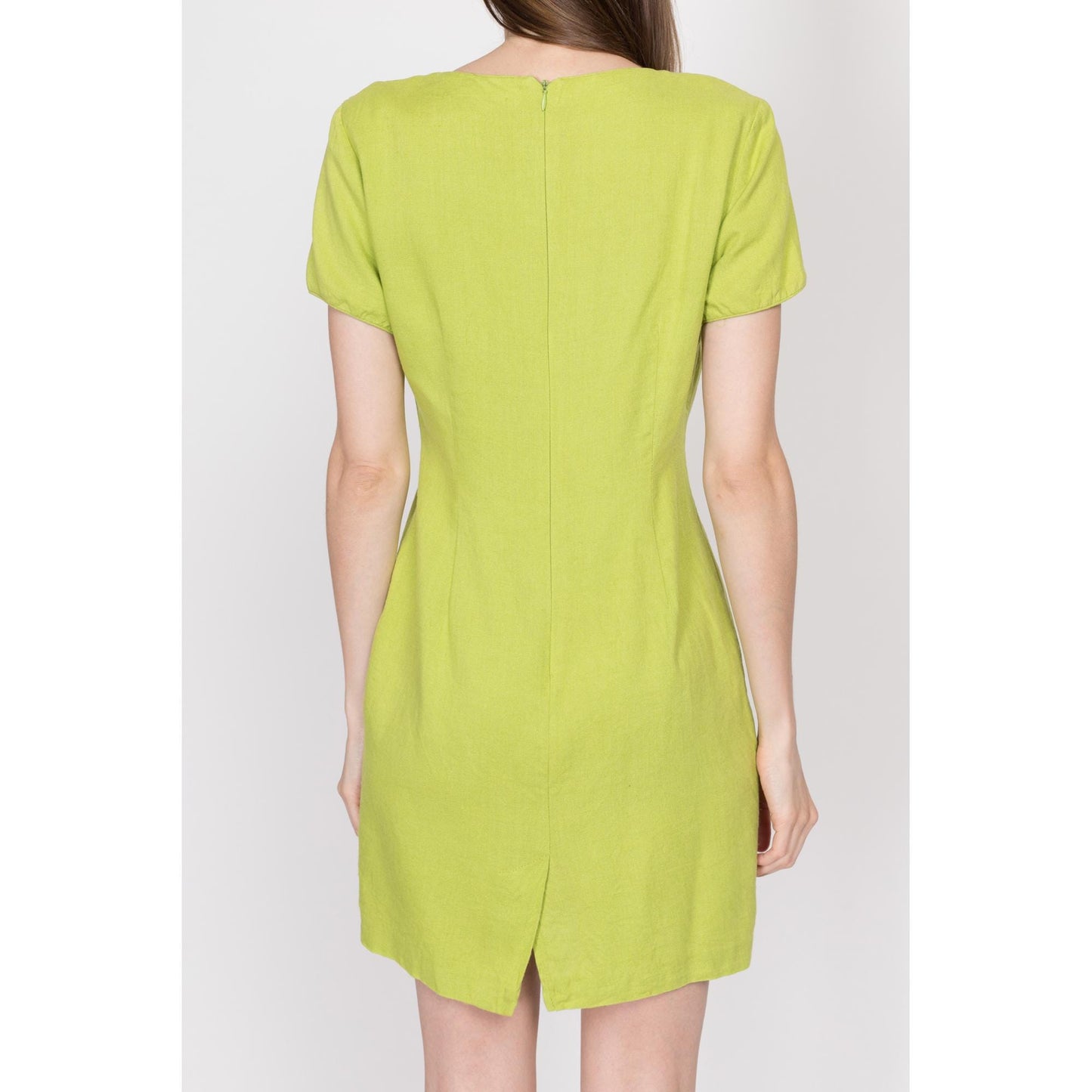 Petite Medium 80s Lime Green Mini Cocktail Dress | Vintage Scoop Neck Short Sleeve Sheath Cocktail Dress