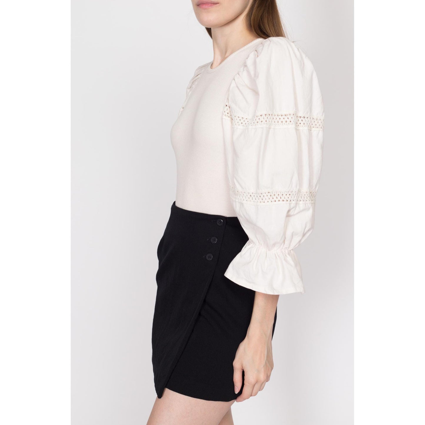 Medium 90s Cream Dirndl Bodysuit Top | Vintage Trachten Ribbed Puff Sleeve Oktoberfest Dirndlbluse