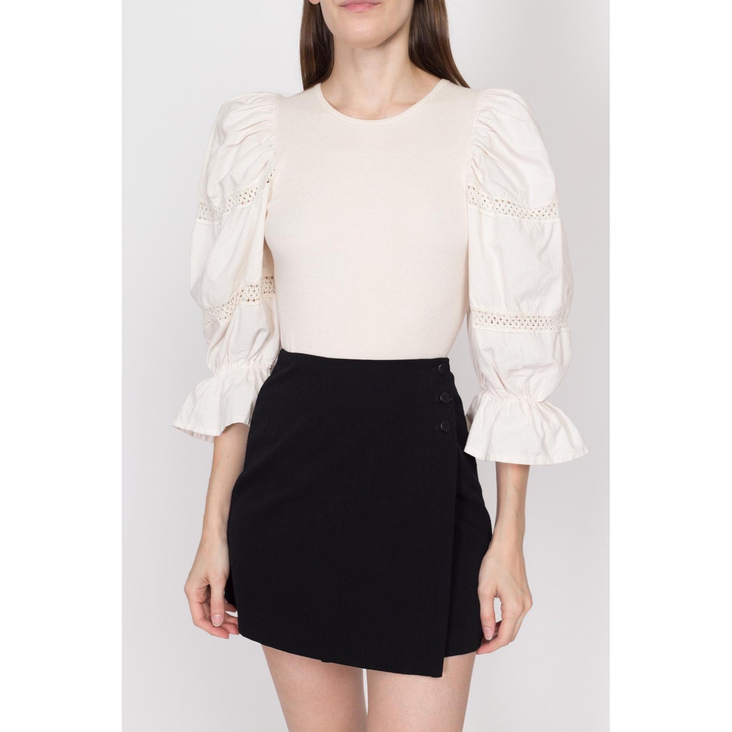 Medium 90s Cream Dirndl Bodysuit Top | Vintage Trachten Ribbed Puff Sleeve Oktoberfest Dirndlbluse