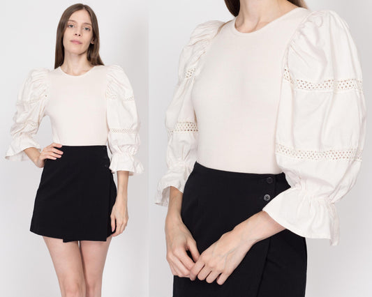 Medium 90s Cream Dirndl Bodysuit Top | Vintage Trachten Ribbed Puff Sleeve Oktoberfest Dirndlbluse