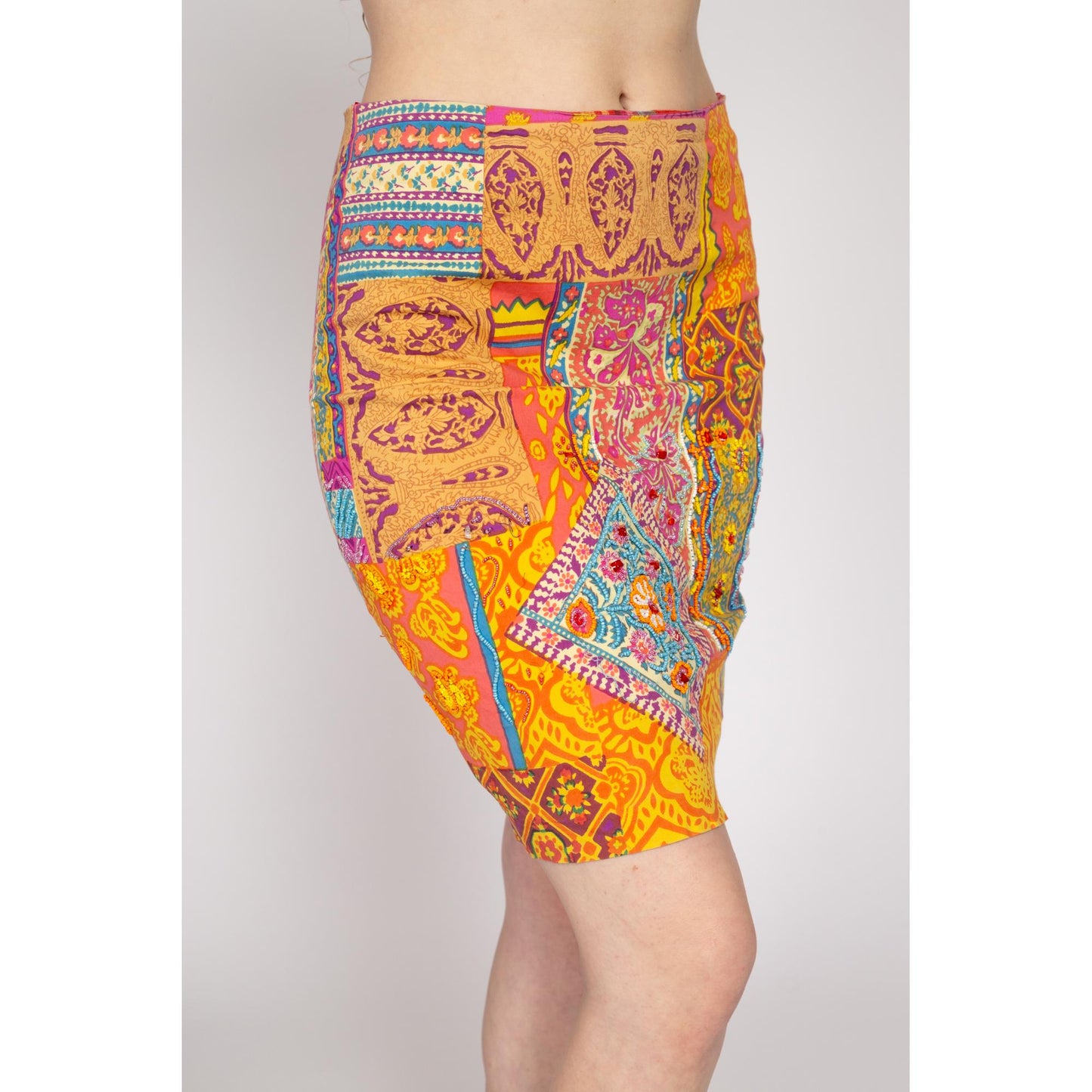 Small 90s Baroque Patchwork Print Beaded Mini Skirt | Vintage Mid Rise Boho Fitted Pencil Miniskirt