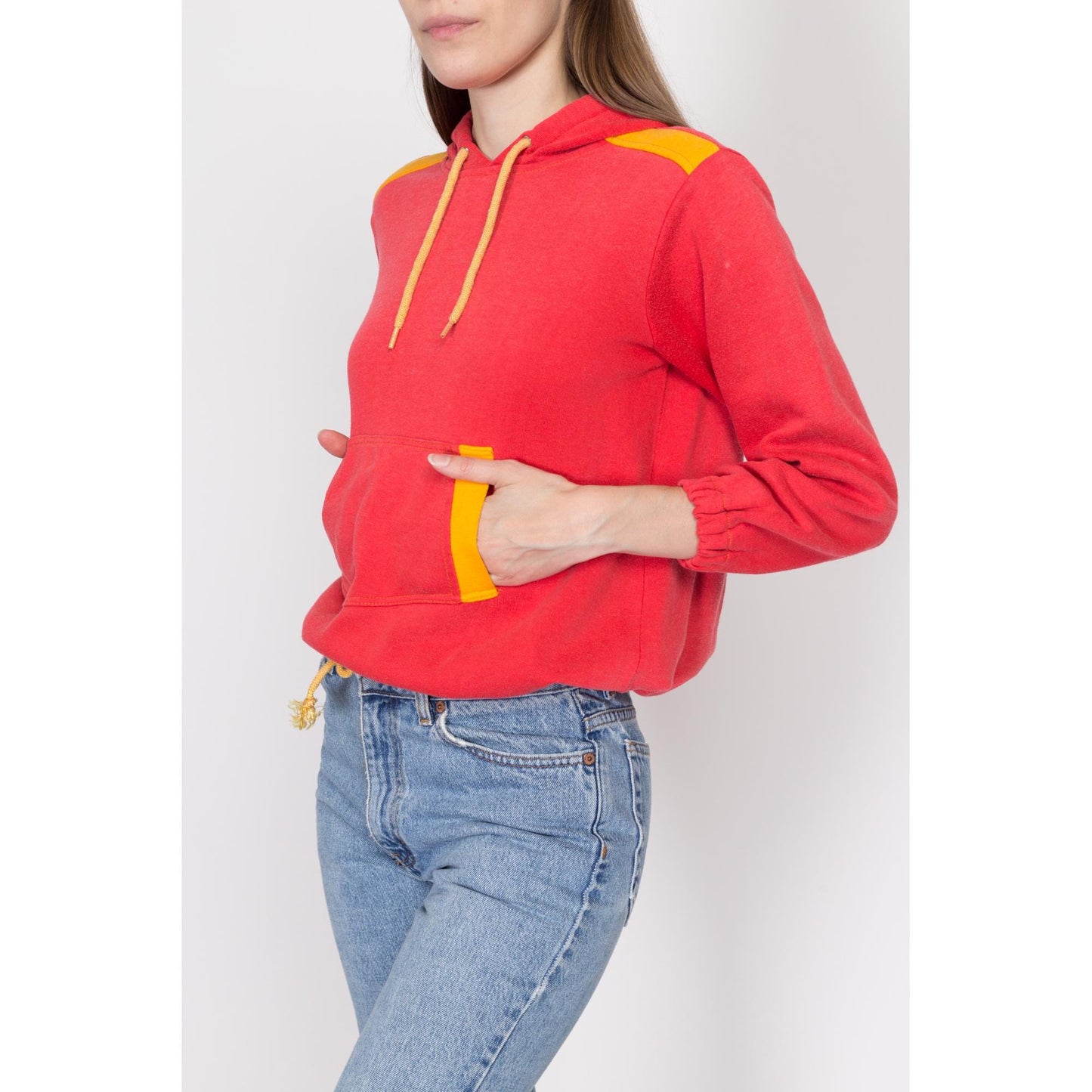 Petite Small 80s Red & Yellow Color Block Hoodie | Retro Vintage Drawstring Waist Hooded Pullover Sweatshirt