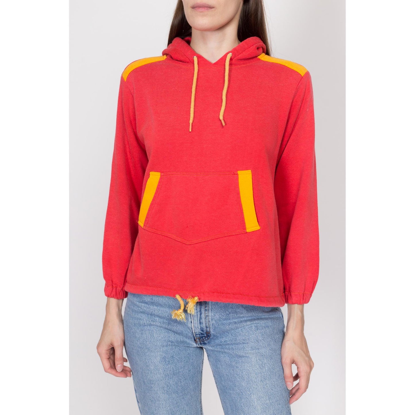 Petite Small 80s Red & Yellow Color Block Hoodie | Retro Vintage Drawstring Waist Hooded Pullover Sweatshirt
