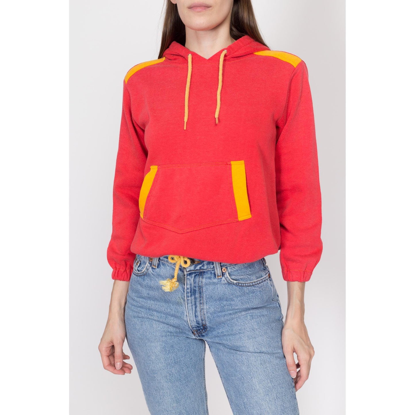 Petite Small 80s Red & Yellow Color Block Hoodie | Retro Vintage Drawstring Waist Hooded Pullover Sweatshirt