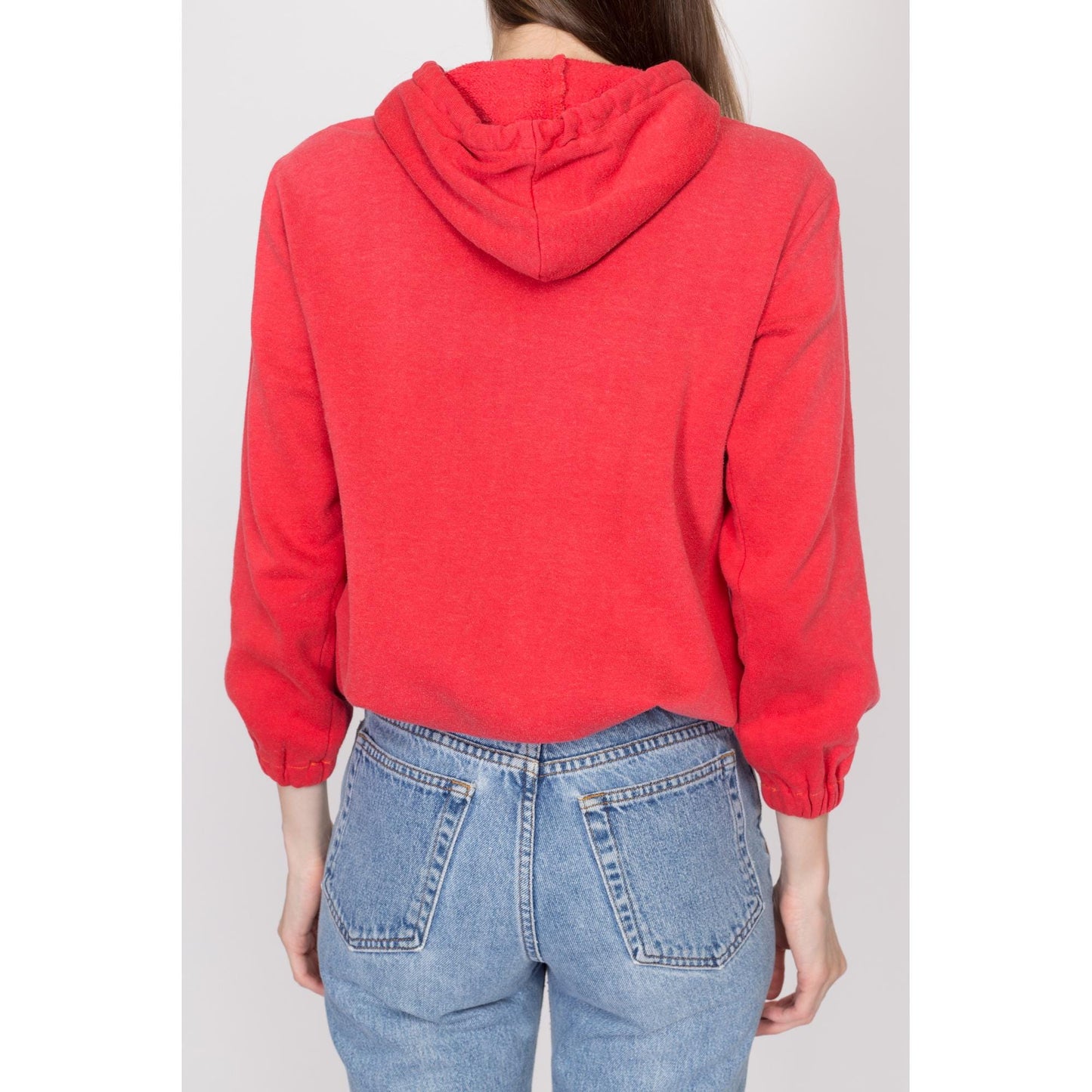 Petite Small 80s Red & Yellow Color Block Hoodie | Retro Vintage Drawstring Waist Hooded Pullover Sweatshirt