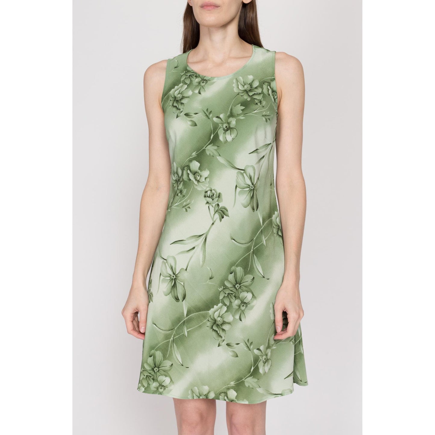 Medium 90s Green Floral Mini Sundress | Vintage Bias Cut Boho Sleeveless Dress