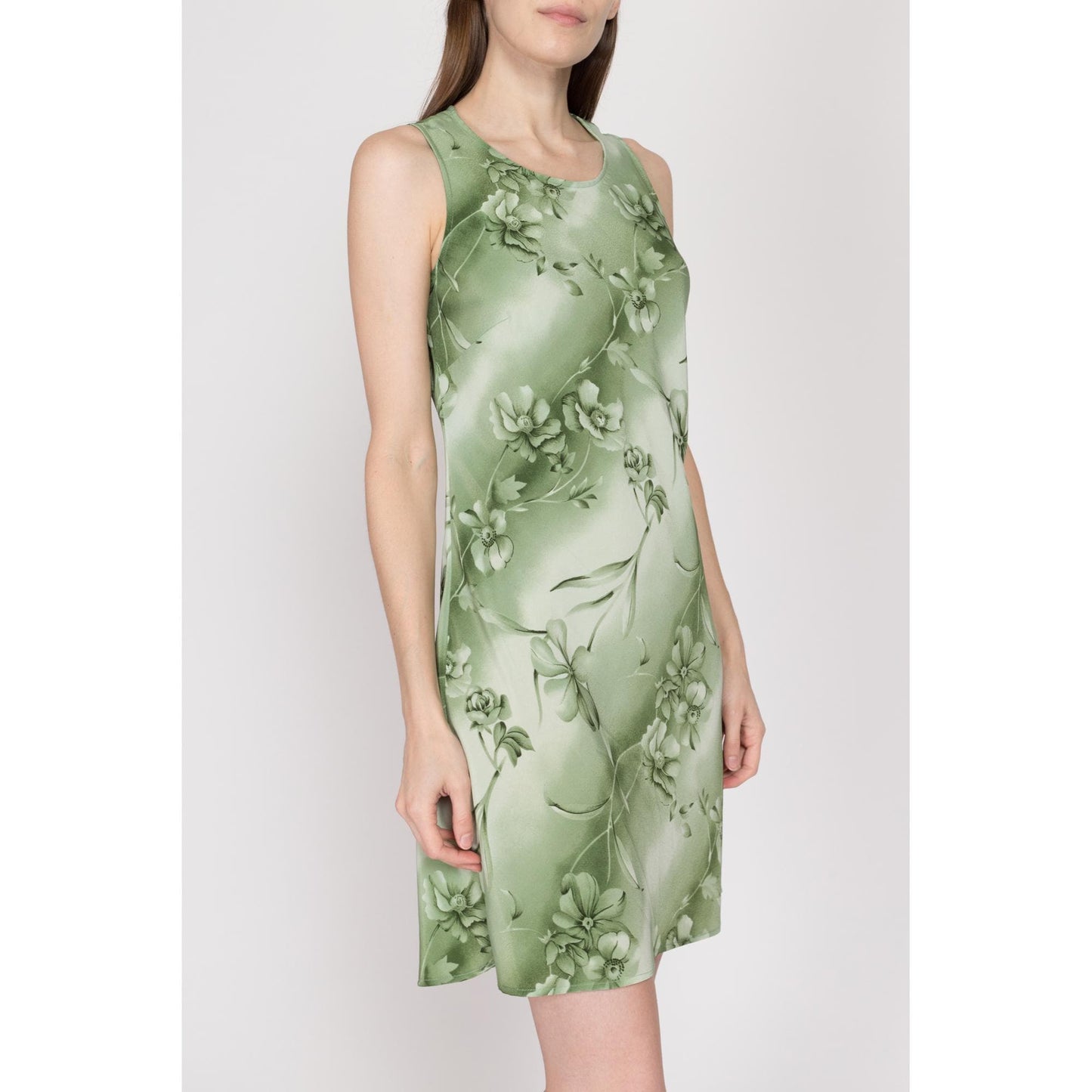 Medium 90s Green Floral Mini Sundress | Vintage Bias Cut Boho Sleeveless Dress