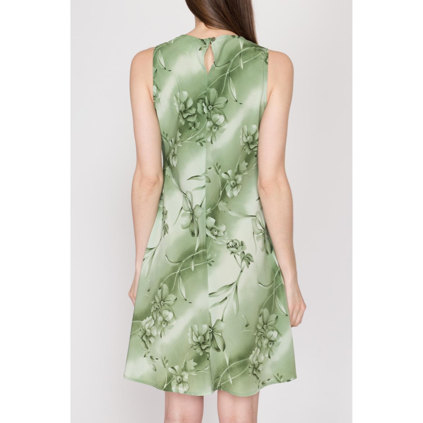 Medium 90s Green Floral Mini Sundress | Vintage Bias Cut Boho Sleeveless Dress