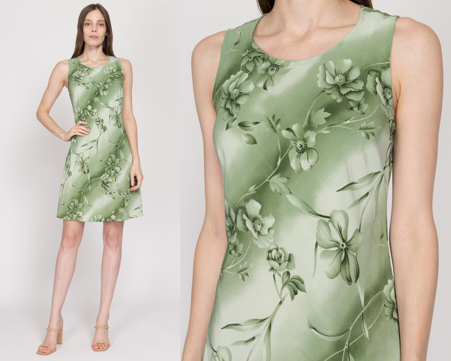 Medium 90s Green Floral Mini Sundress | Vintage Bias Cut Boho Sleeveless Dress
