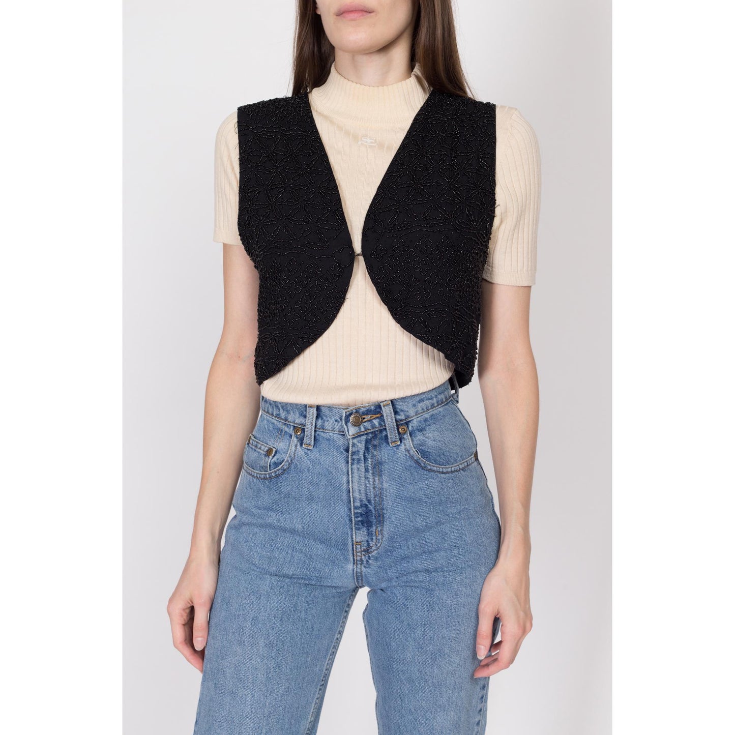 Medium 80s Black Beaded Cropped Vest | Vintage Sleeveless Button Up Crop Top