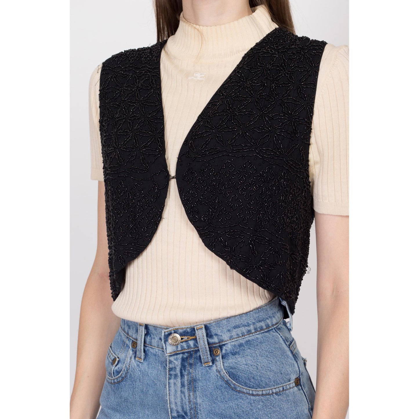 Medium 80s Black Beaded Cropped Vest | Vintage Sleeveless Button Up Crop Top