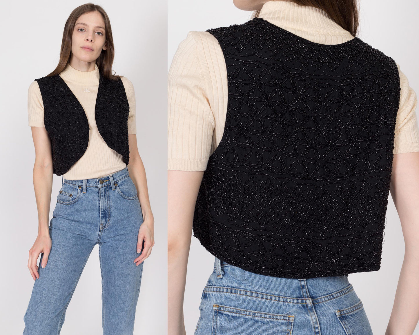 Medium 80s Black Beaded Cropped Vest | Vintage Sleeveless Button Up Crop Top