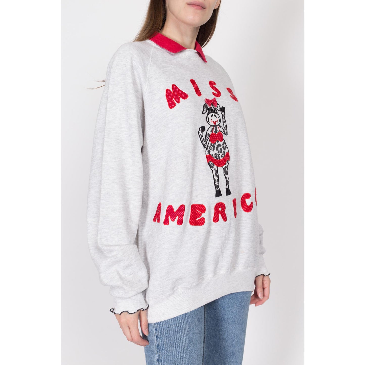 2X 90s "Miss Americow" Collared Cow Sweatshirt | Vintage Heather Grey Funny Animal Applique Pullover