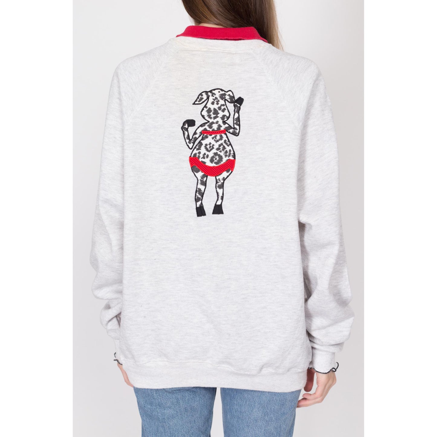 2X 90s "Miss Americow" Collared Cow Sweatshirt | Vintage Heather Grey Funny Animal Applique Pullover
