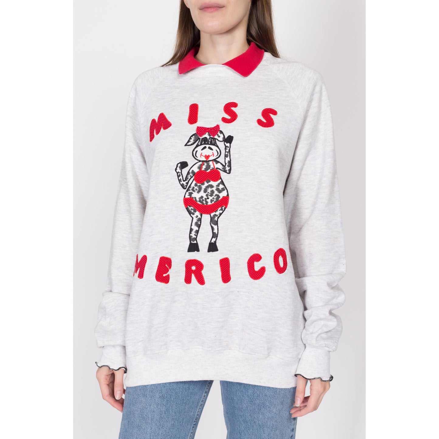 2X 90s "Miss Americow" Collared Cow Sweatshirt | Vintage Heather Grey Funny Animal Applique Pullover