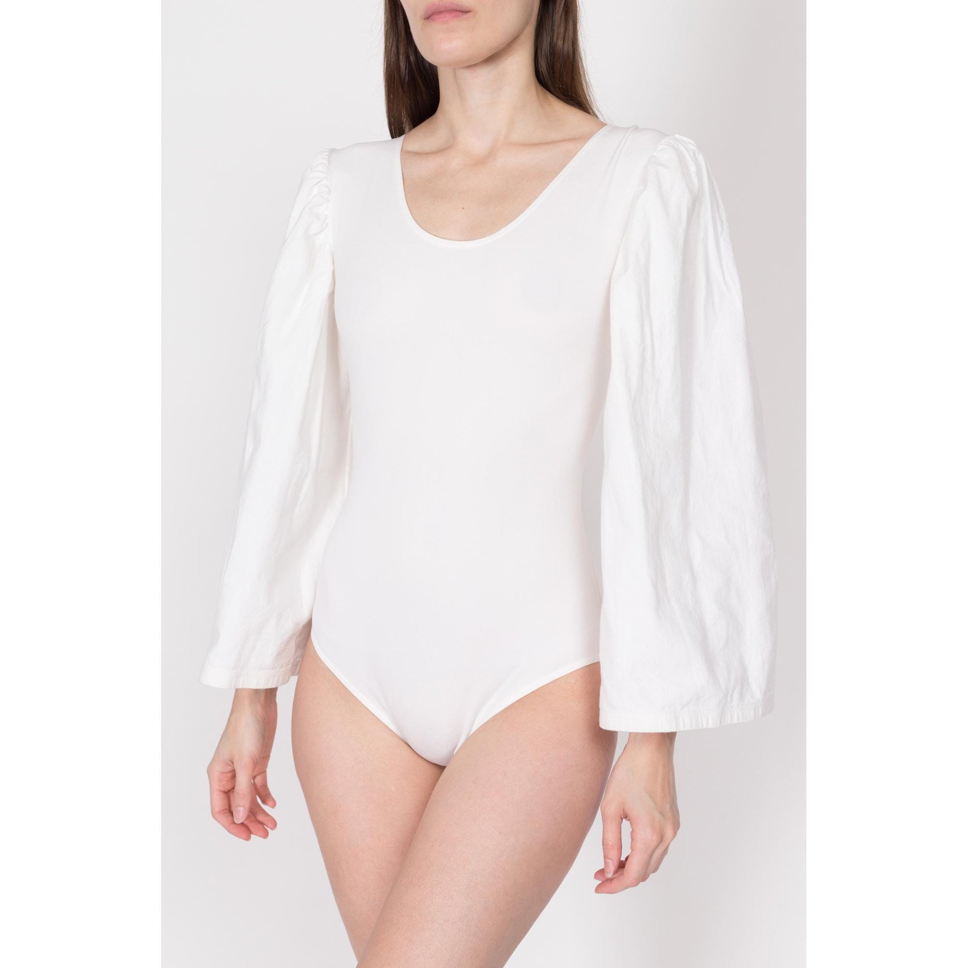 XS 90s White Bell Sleeve Leotard Bodysuit | Vintage Ballet Dancer Scoop Neck Costume Top
