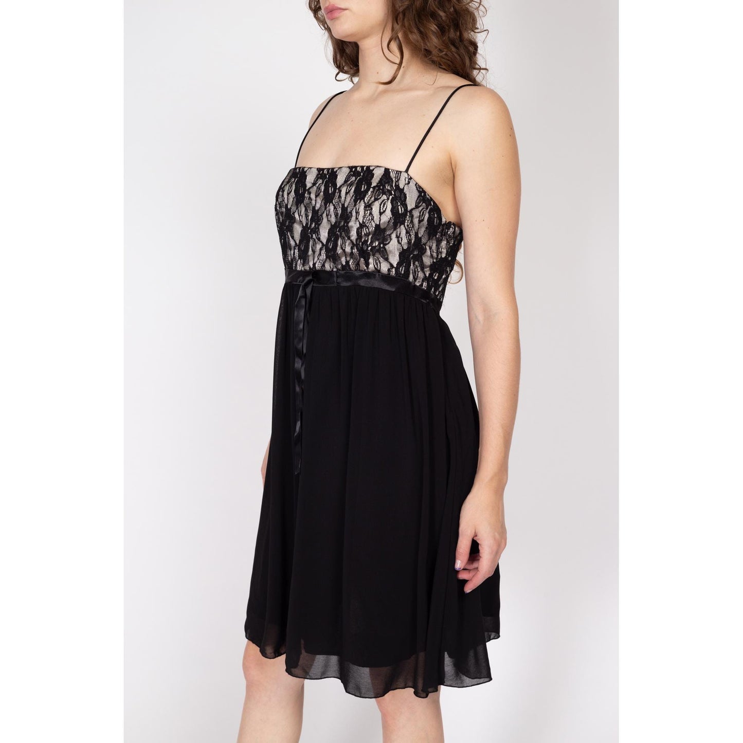 Medium 90s Cache Black Lace Bodice Babydoll Dress | Vintage Spaghetti Strap Crepe Mini Dress