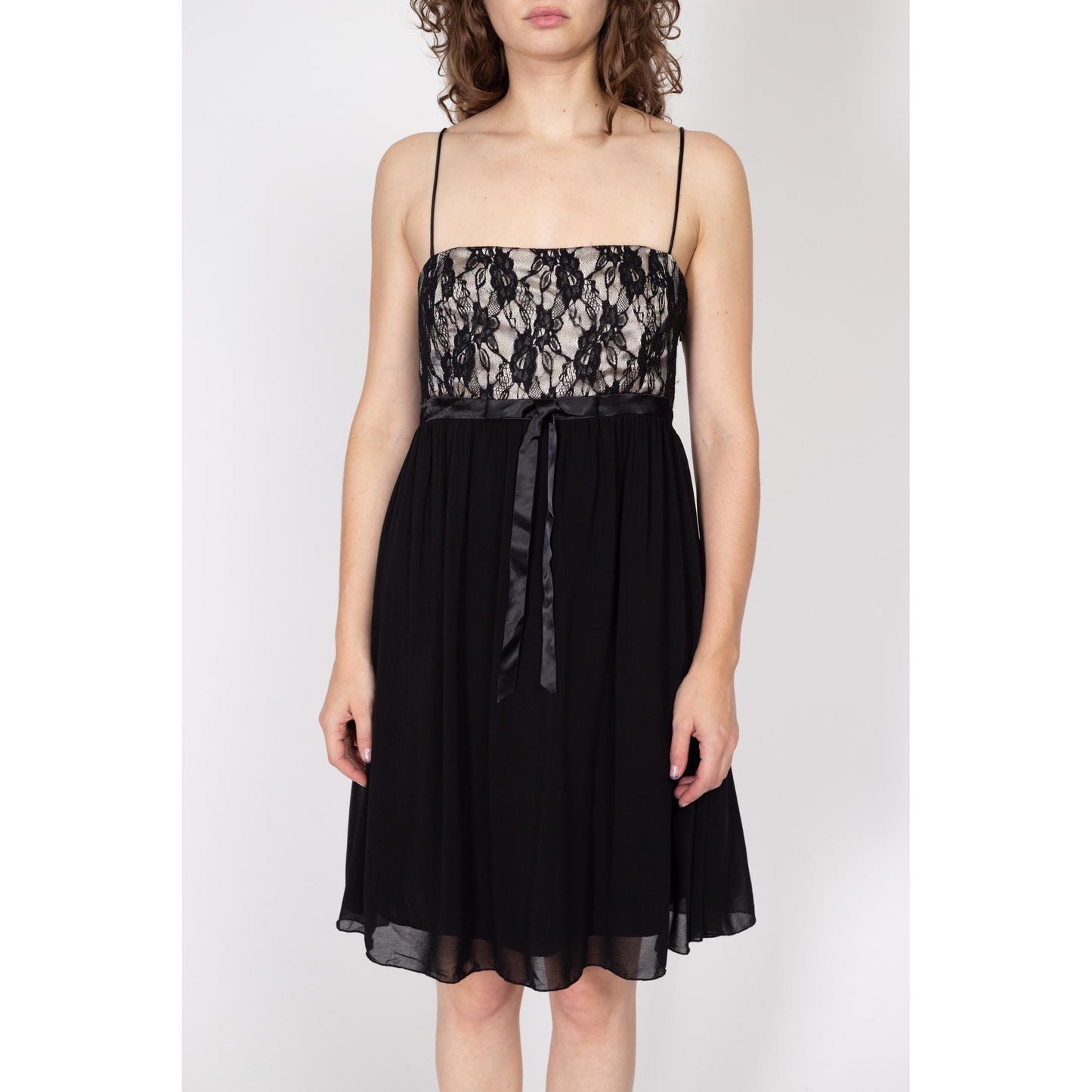 Medium 90s Cache Black Lace Bodice Babydoll Dress | Vintage Spaghetti Strap Crepe Mini Dress