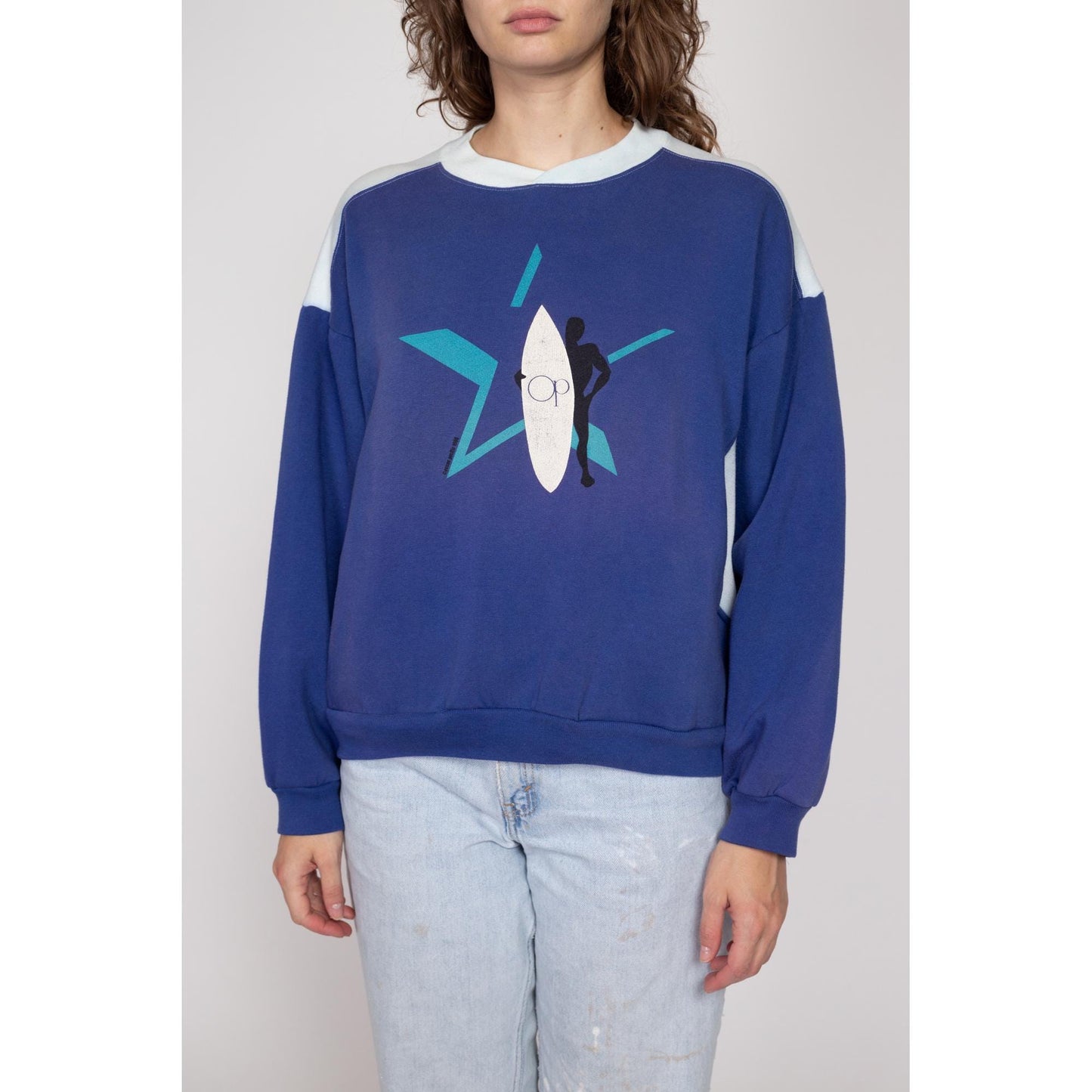 Large 80s Ocean Pacific Surf Sweatshirt | Vintage OP Blue Surfer Graphic Crewneck Pocket Pullover