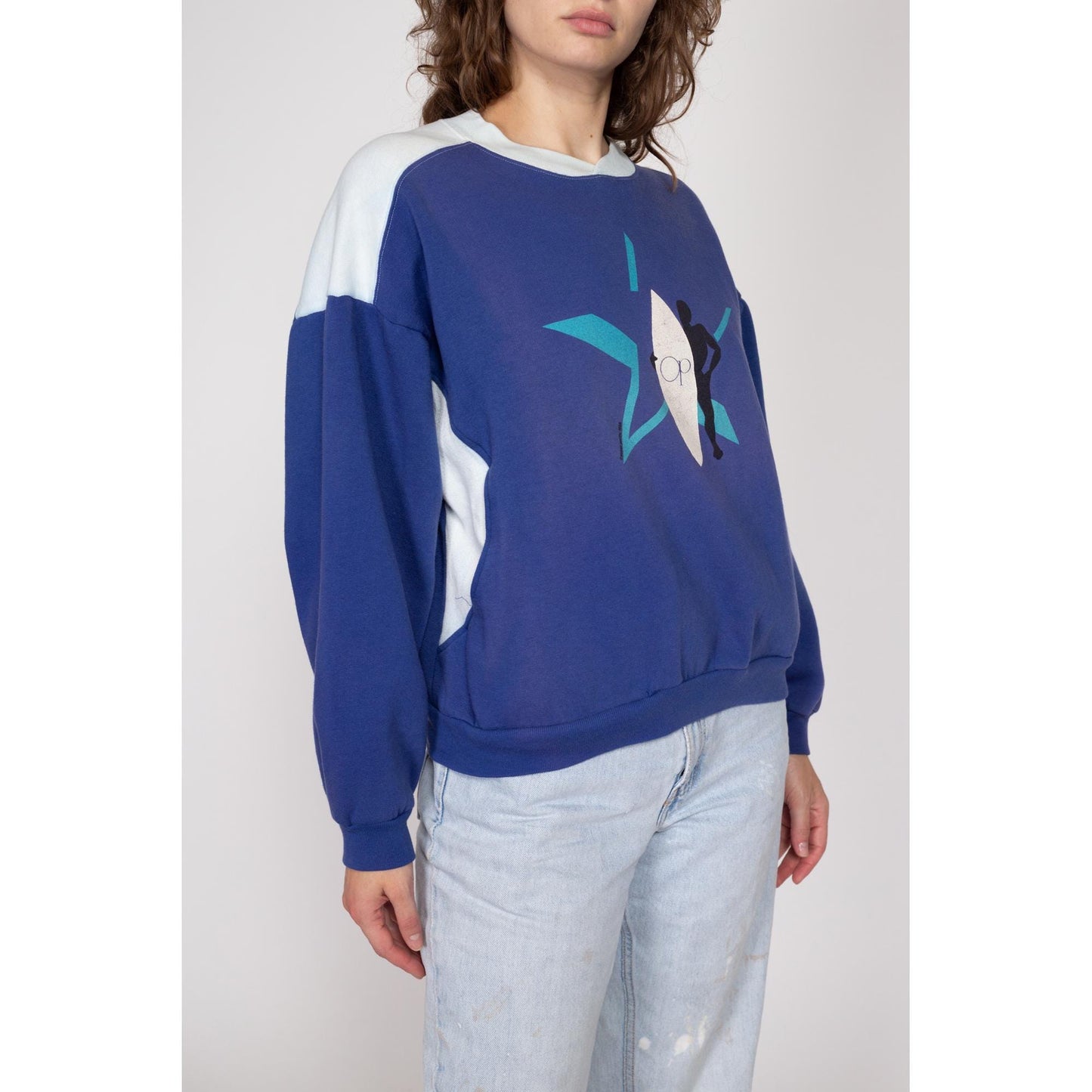 Large 80s Ocean Pacific Surf Sweatshirt | Vintage OP Blue Surfer Graphic Crewneck Pocket Pullover