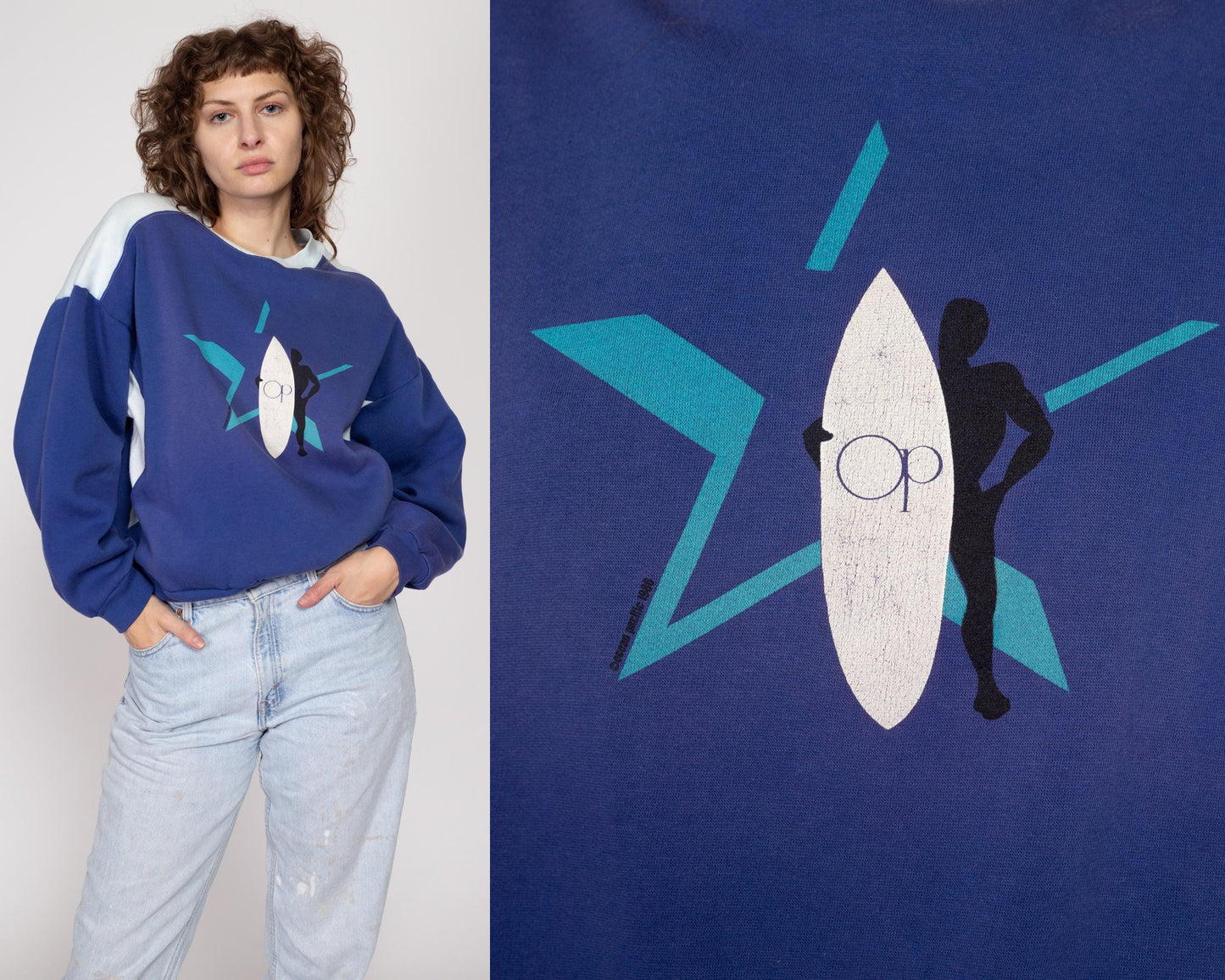 Large 80s Ocean Pacific Surf Sweatshirt | Vintage OP Blue Surfer Graphic Crewneck Pocket Pullover