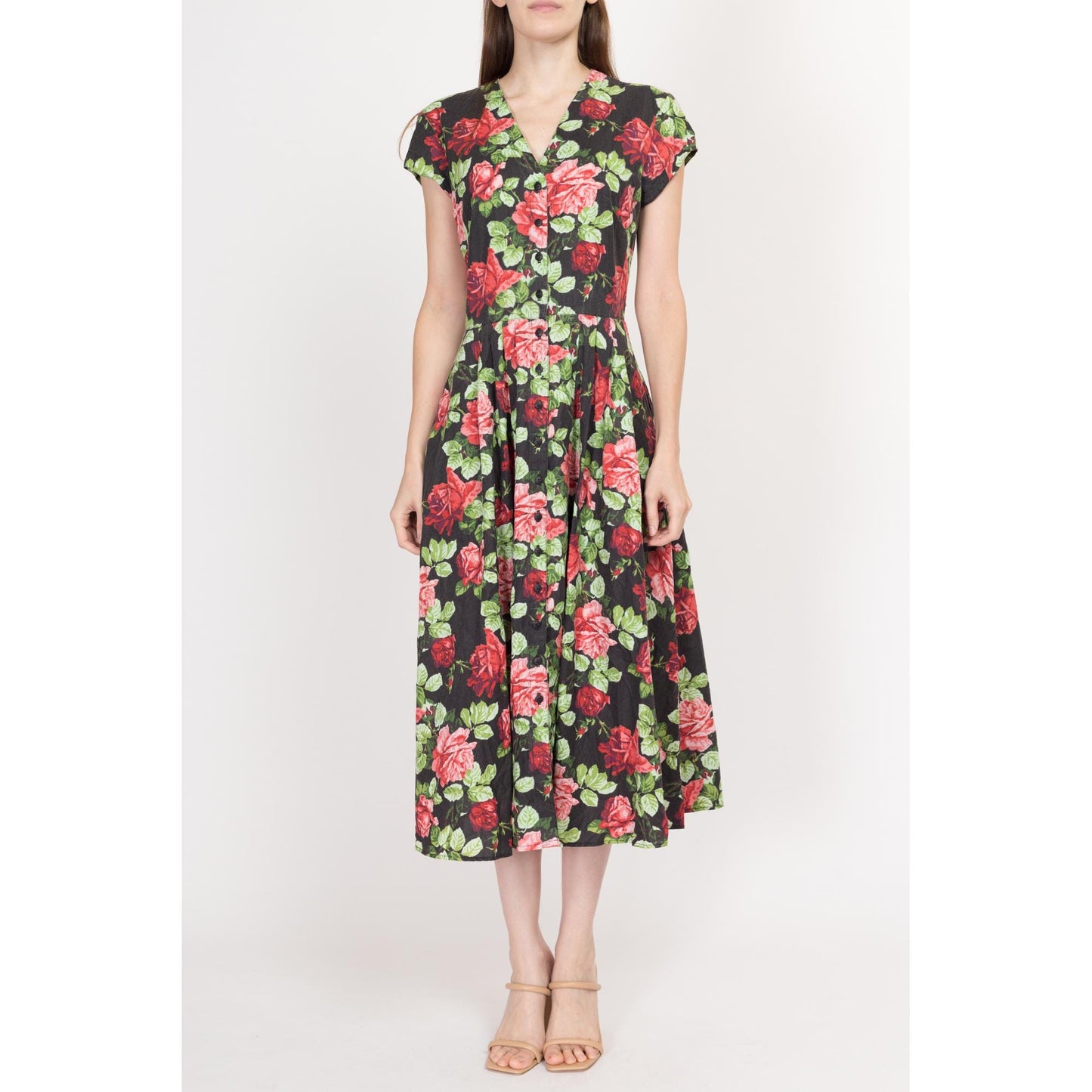Small 80s Rose Print Black Floral Fit & Flare Dress | Vintage Boho Button Up Short Sleeve Midi Cotton Sundress