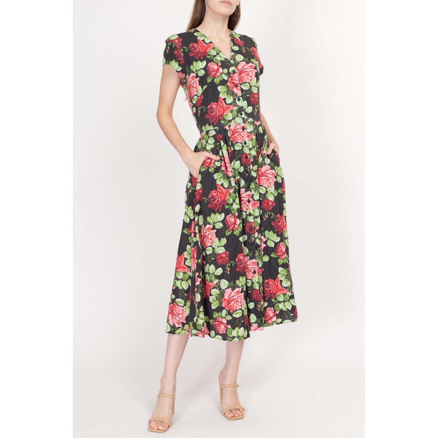 Small 80s Rose Print Black Floral Fit & Flare Dress | Vintage Boho Button Up Short Sleeve Midi Cotton Sundress