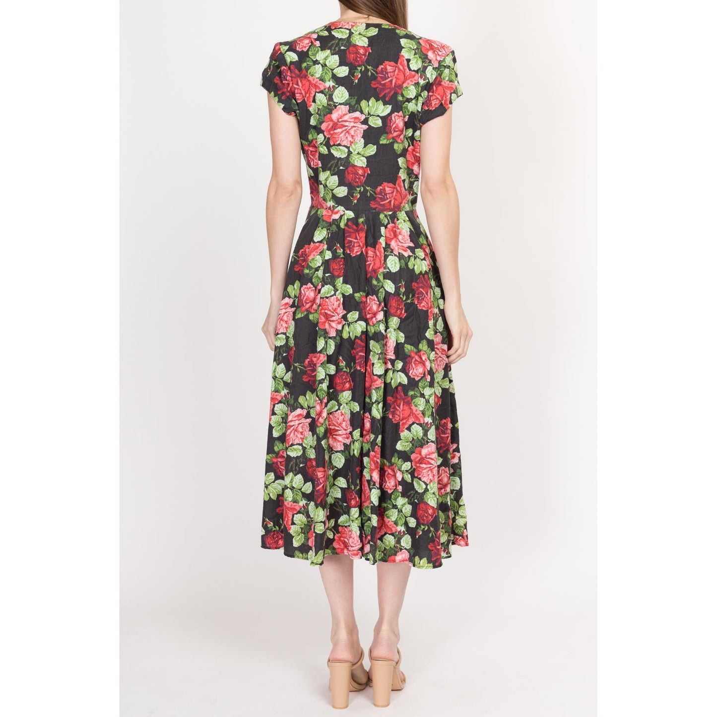 Small 80s Rose Print Black Floral Fit & Flare Dress | Vintage Boho Button Up Short Sleeve Midi Cotton Sundress