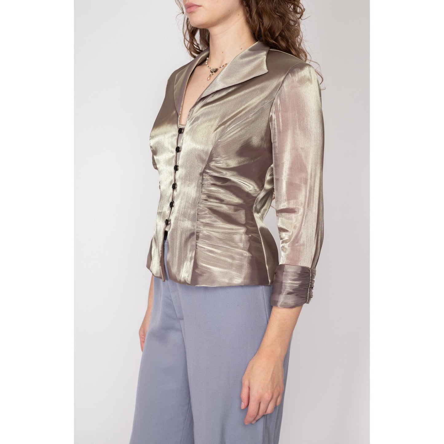 Small 90s Taupe Satin Sheer Sleeve Blouse | Vintage Ruched Button Up Formal Collared Shirt