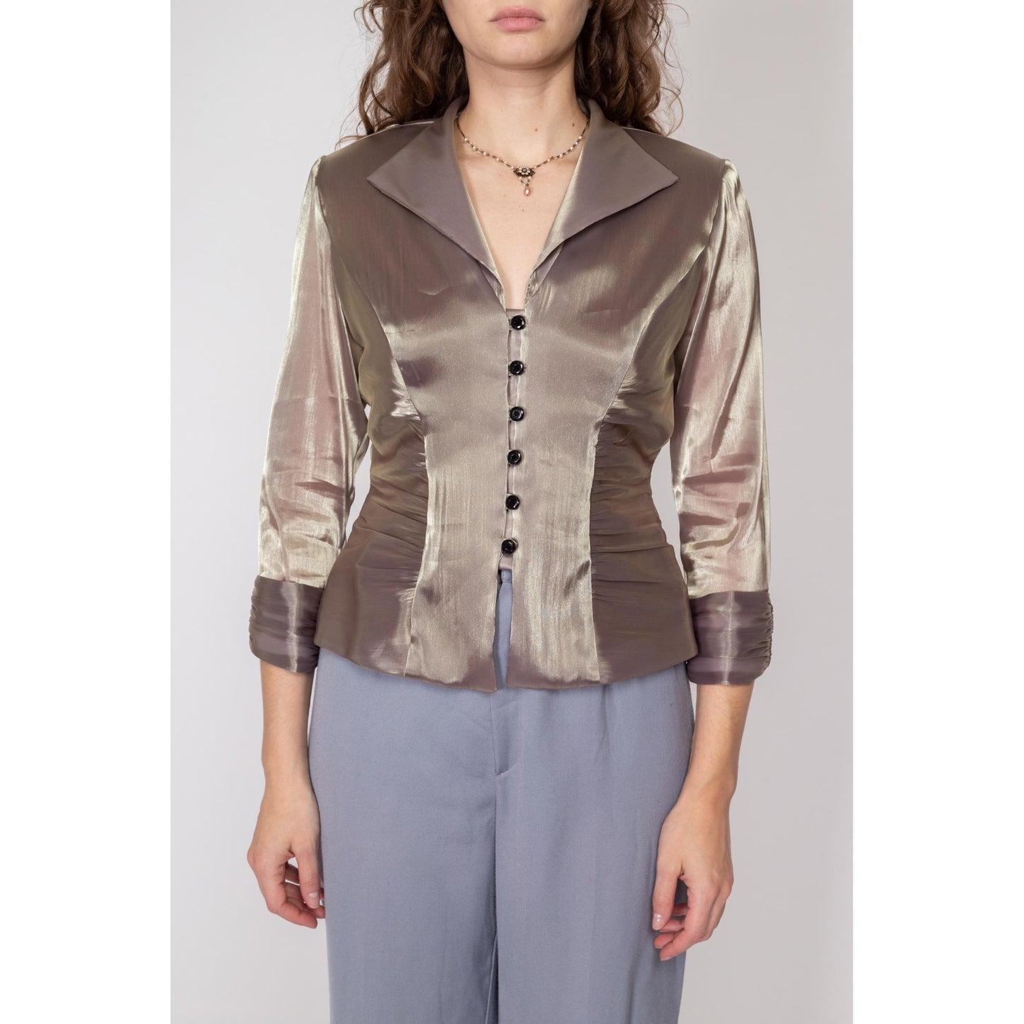 Small 90s Taupe Satin Sheer Sleeve Blouse | Vintage Ruched Button Up Formal Collared Shirt