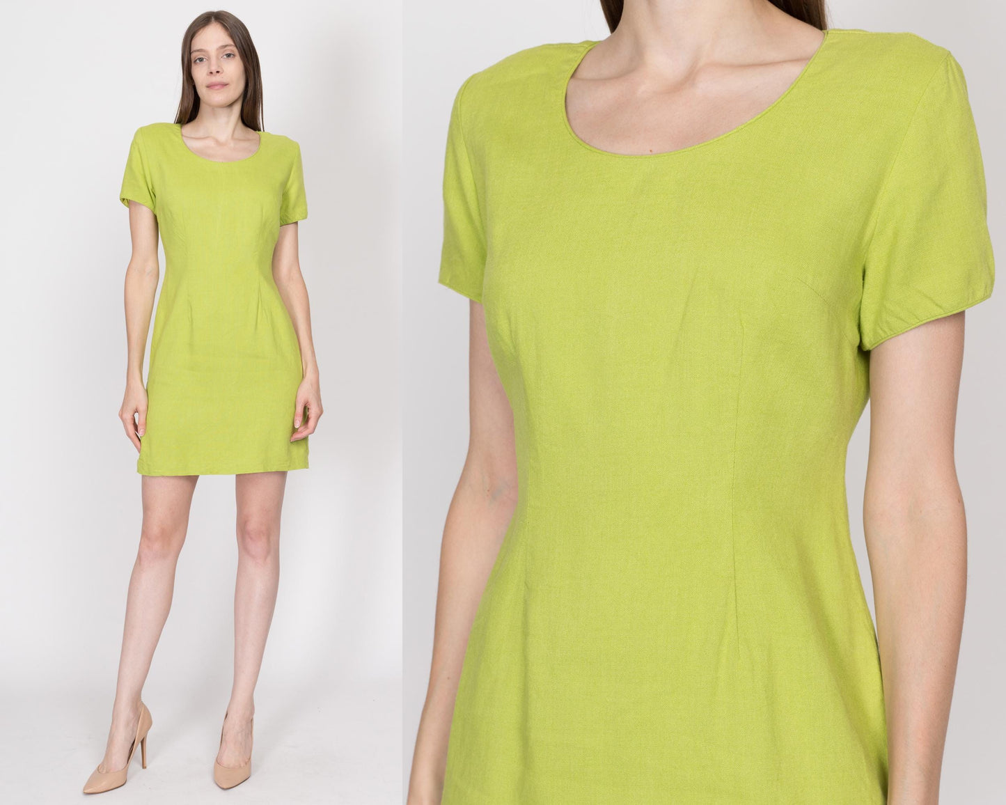 Petite Medium 80s Lime Green Mini Cocktail Dress | Vintage Scoop Neck Short Sleeve Sheath Cocktail Dress