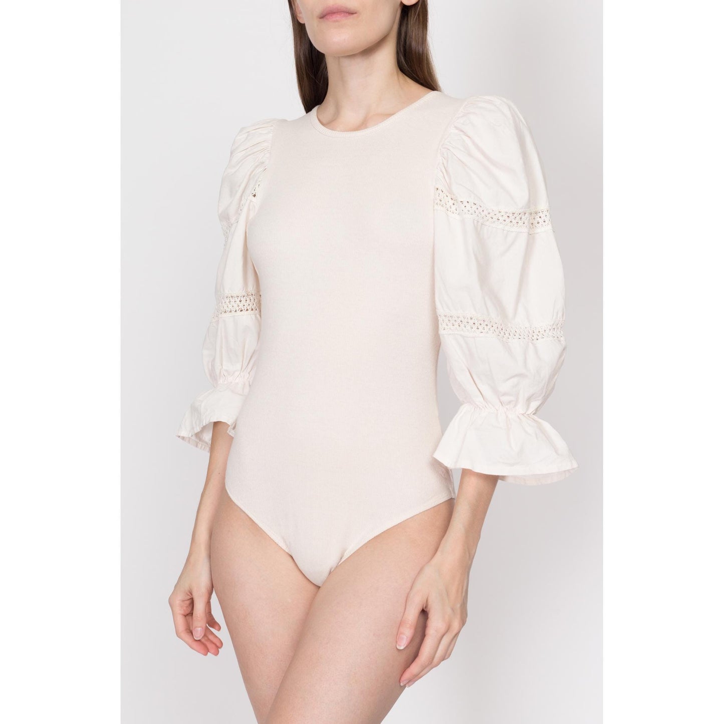 Medium 90s Cream Dirndl Bodysuit Top | Vintage Trachten Ribbed Puff Sleeve Oktoberfest Dirndlbluse