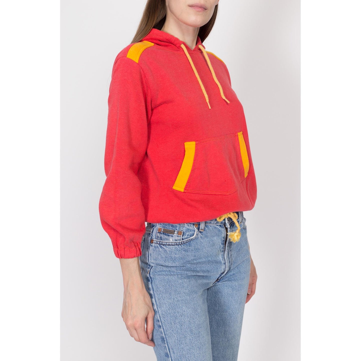 Petite Small 80s Red & Yellow Color Block Hoodie | Retro Vintage Drawstring Waist Hooded Pullover Sweatshirt