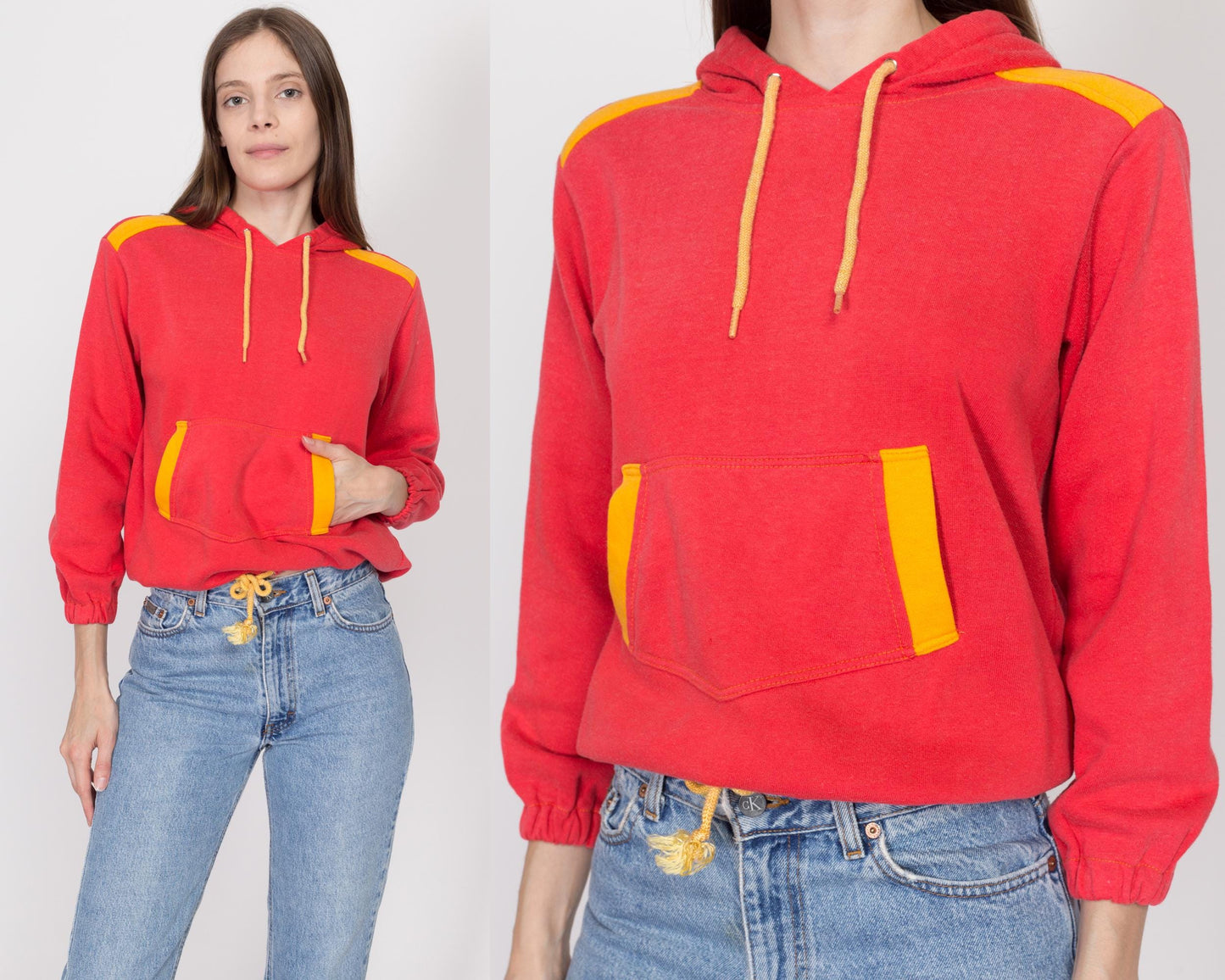 Petite Small 80s Red & Yellow Color Block Hoodie | Retro Vintage Drawstring Waist Hooded Pullover Sweatshirt
