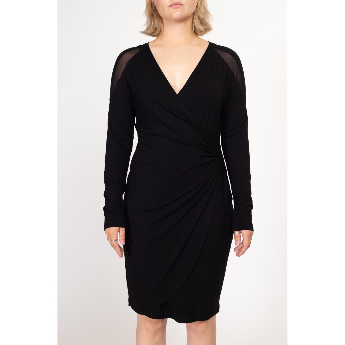 Large Y2K Cache Black Bodycon Long Sleeve Mini Dress | Vintage Sheer Panel Cocktail Party Wrap Dress
