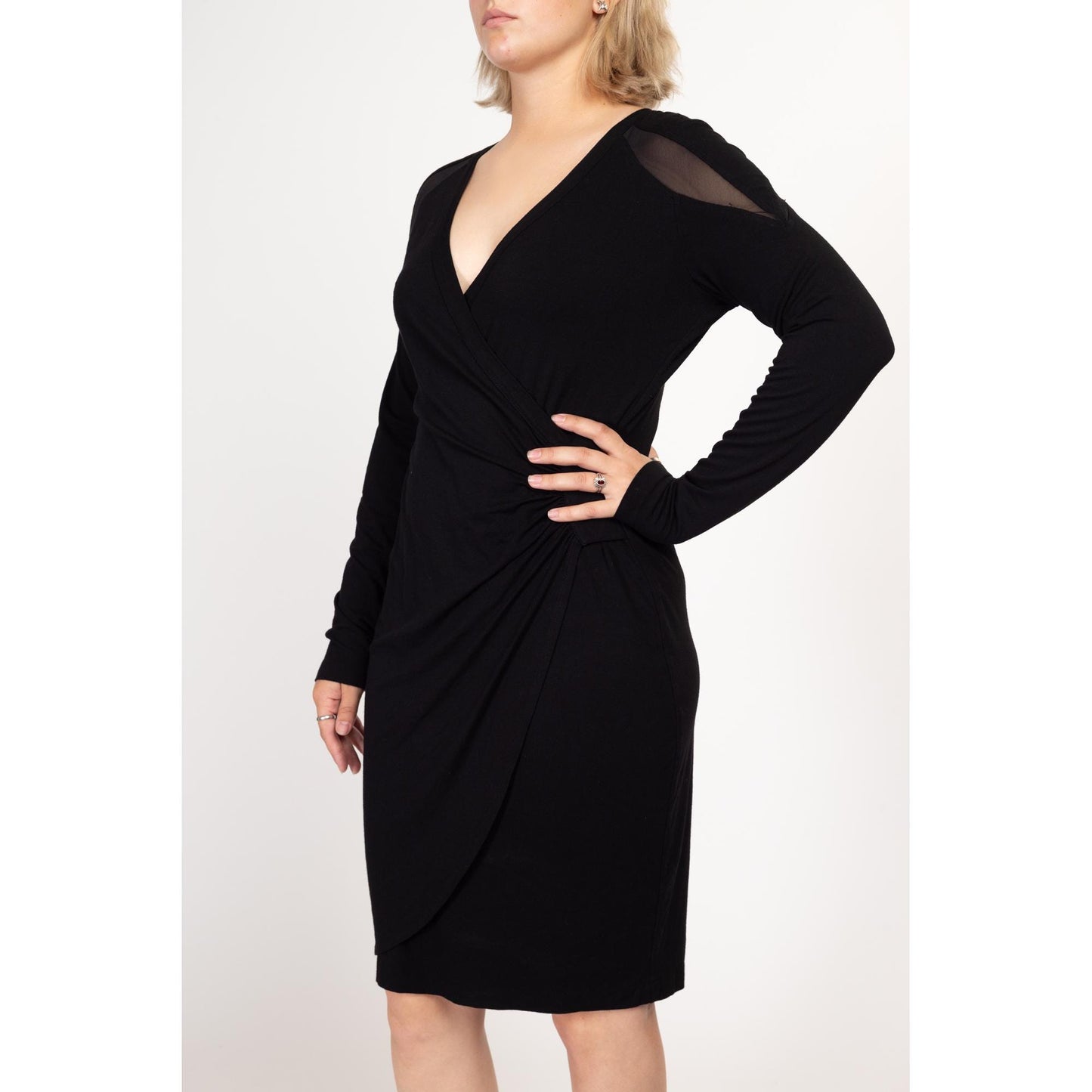 Large Y2K Cache Black Bodycon Long Sleeve Mini Dress | Vintage Sheer Panel Cocktail Party Wrap Dress