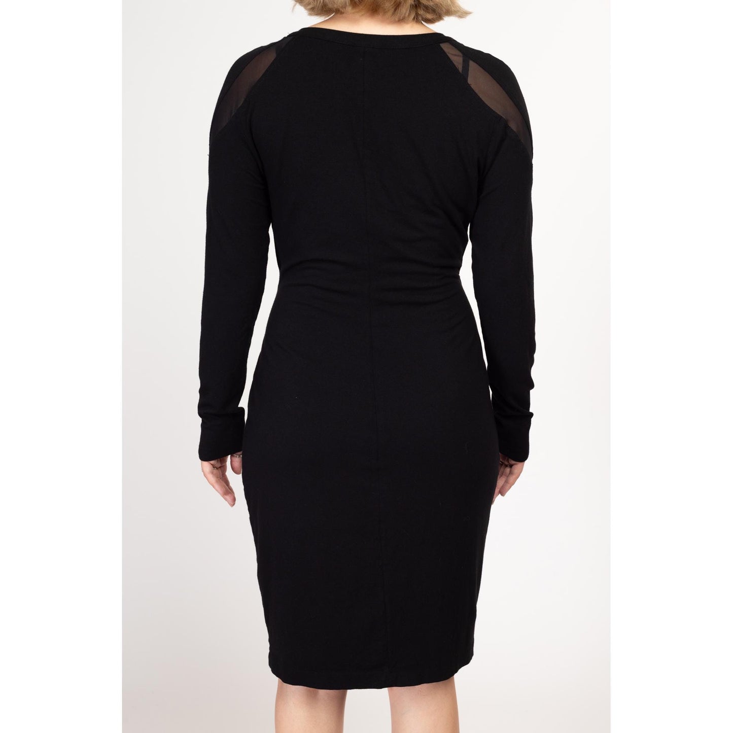 Large Y2K Cache Black Bodycon Long Sleeve Mini Dress | Vintage Sheer Panel Cocktail Party Wrap Dress
