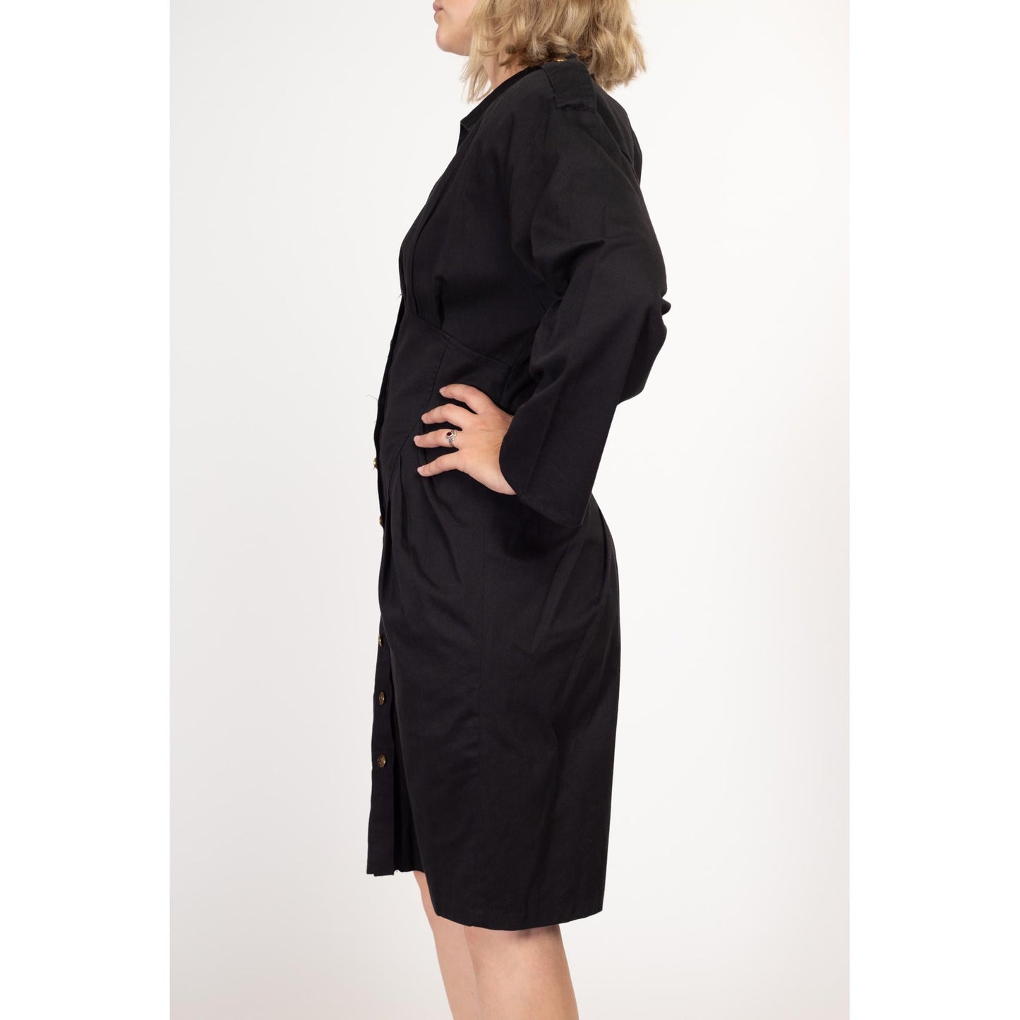Medium 80s Black Dolman Sleeve Fitted Waist Shirtdress | Vintage Pleated Long Sleeve Button Front Secretary Dress