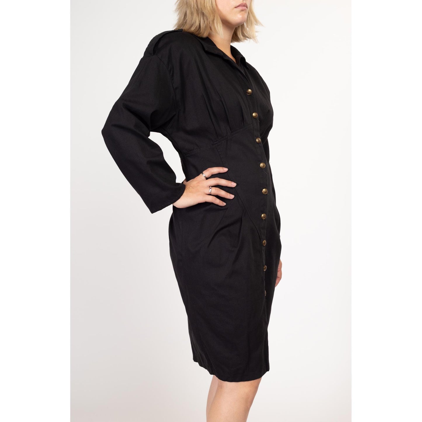 Medium 80s Black Dolman Sleeve Fitted Waist Shirtdress | Vintage Pleated Long Sleeve Button Front Secretary Dress