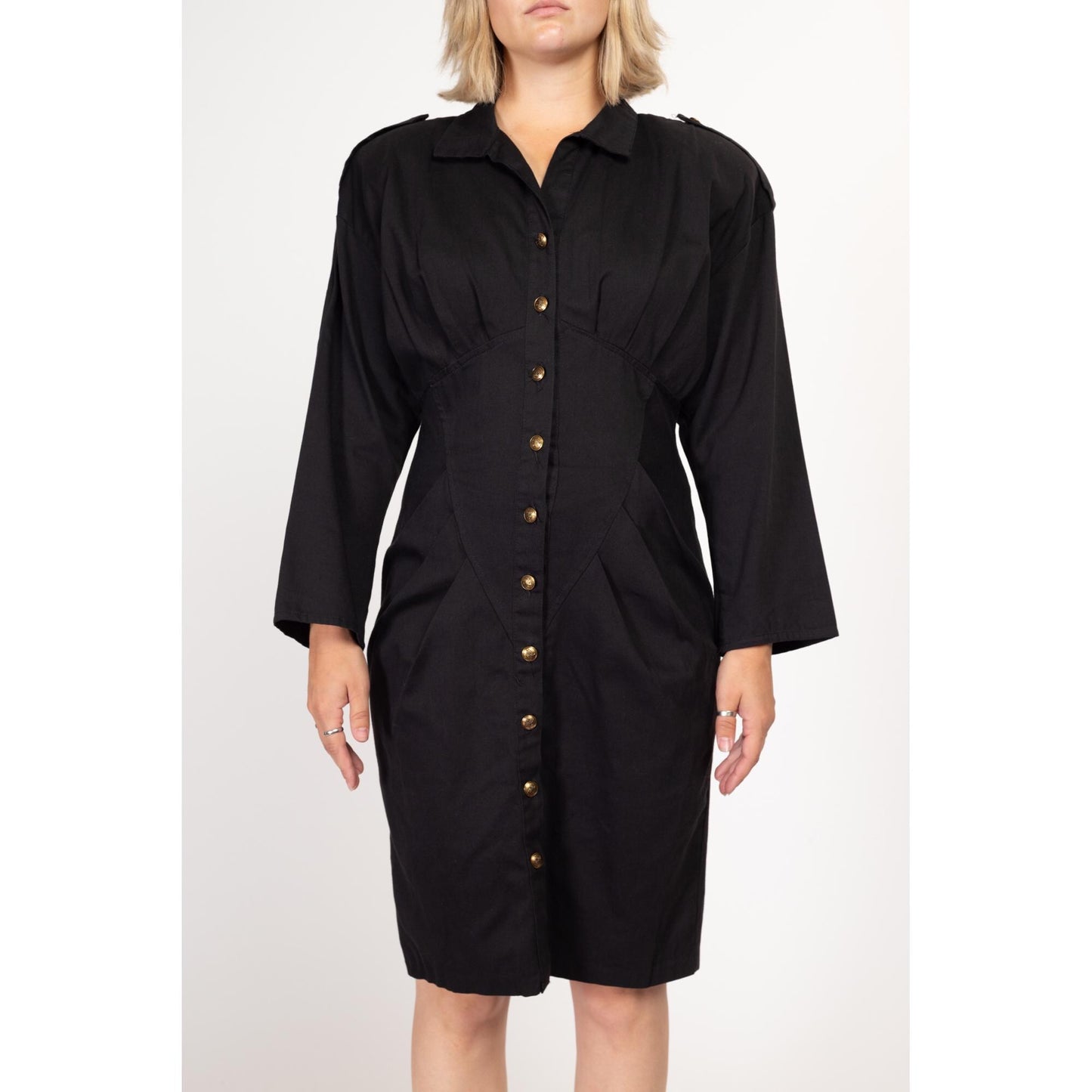 Medium 80s Black Dolman Sleeve Fitted Waist Shirtdress | Vintage Pleated Long Sleeve Button Front Secretary Dress