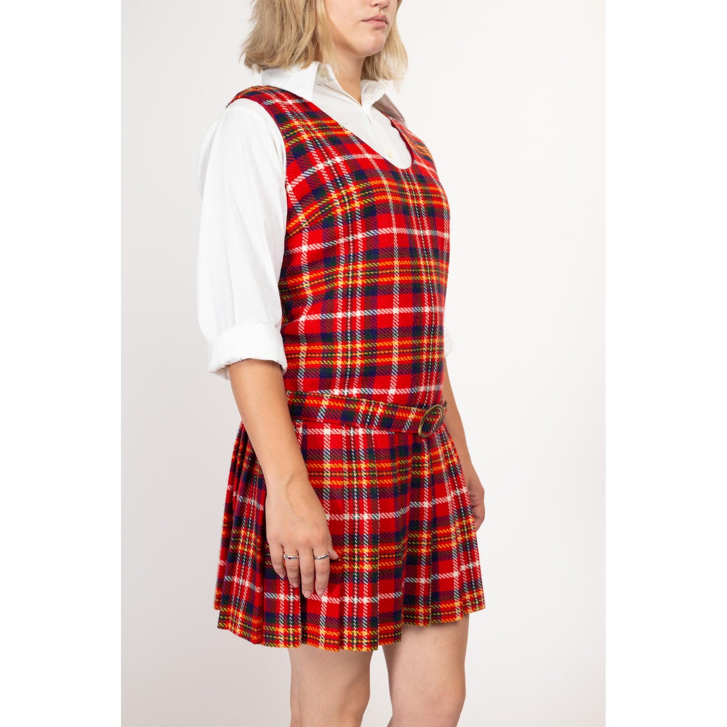 Large 60s Red Plaid Drop Waist Schoolgirl Dress | Vintage Belted Sleeveless Wool Pleated Skirt Mini Pinafore