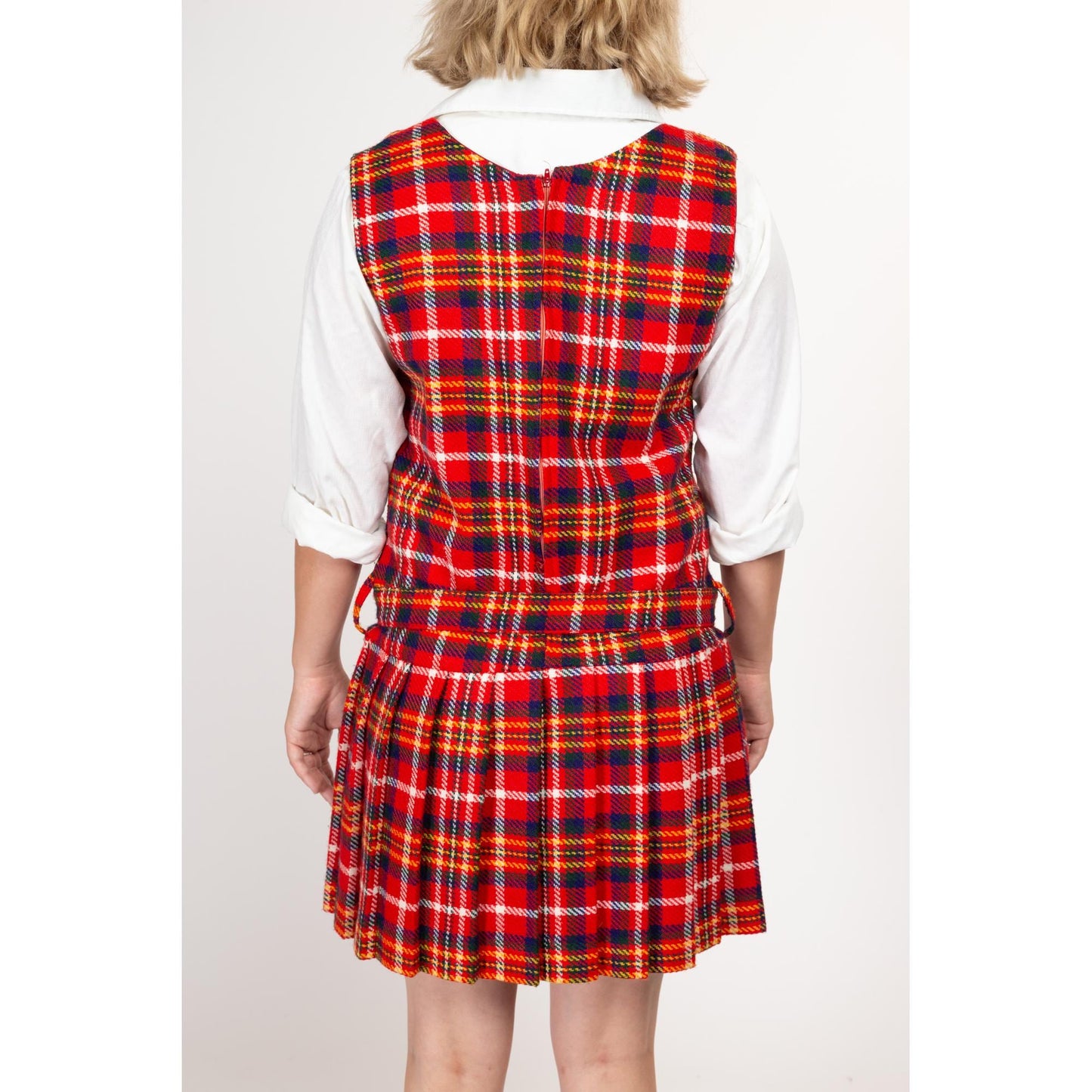 Large 60s Red Plaid Drop Waist Schoolgirl Dress | Vintage Belted Sleeveless Wool Pleated Skirt Mini Pinafore