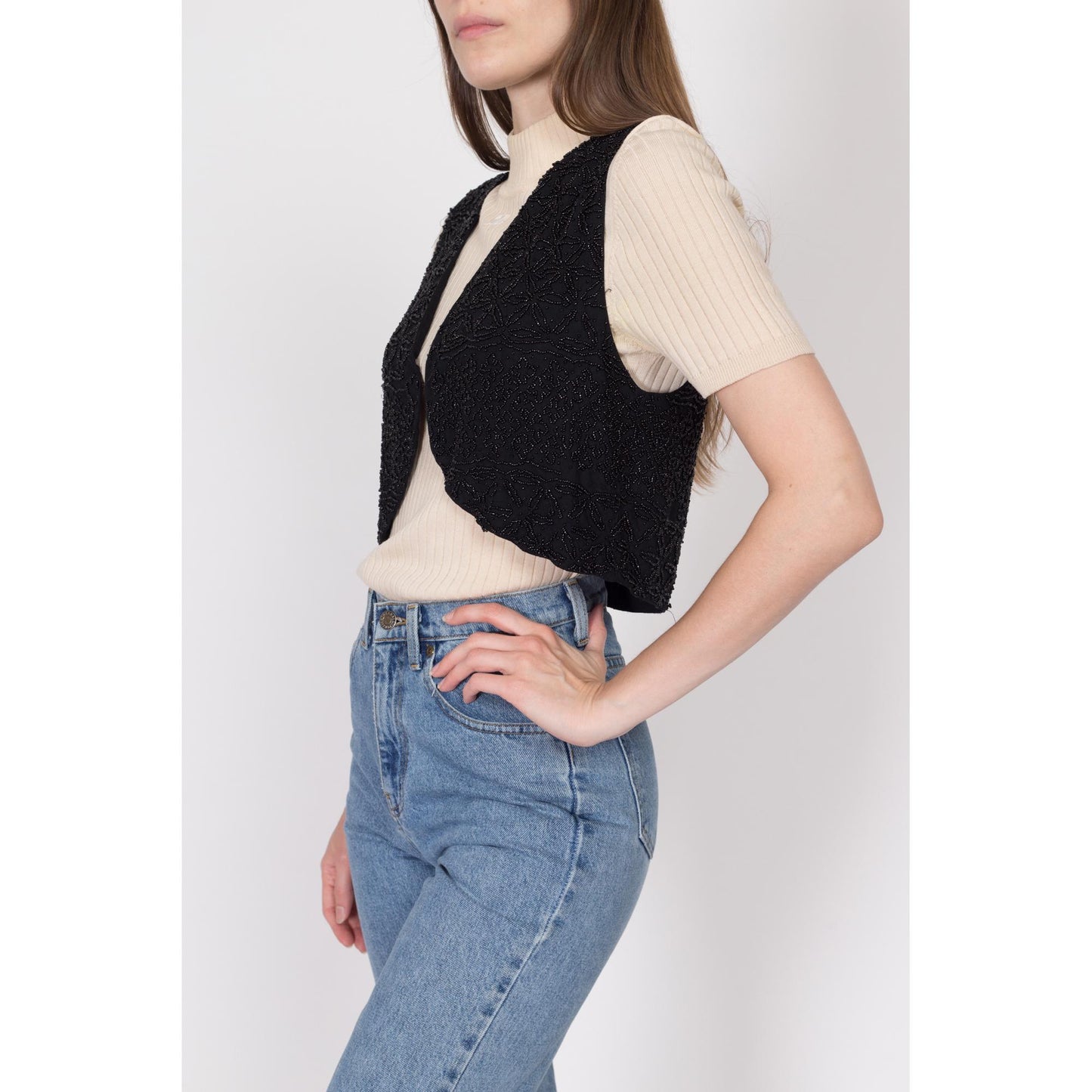 Medium 80s Black Beaded Cropped Vest | Vintage Sleeveless Button Up Crop Top
