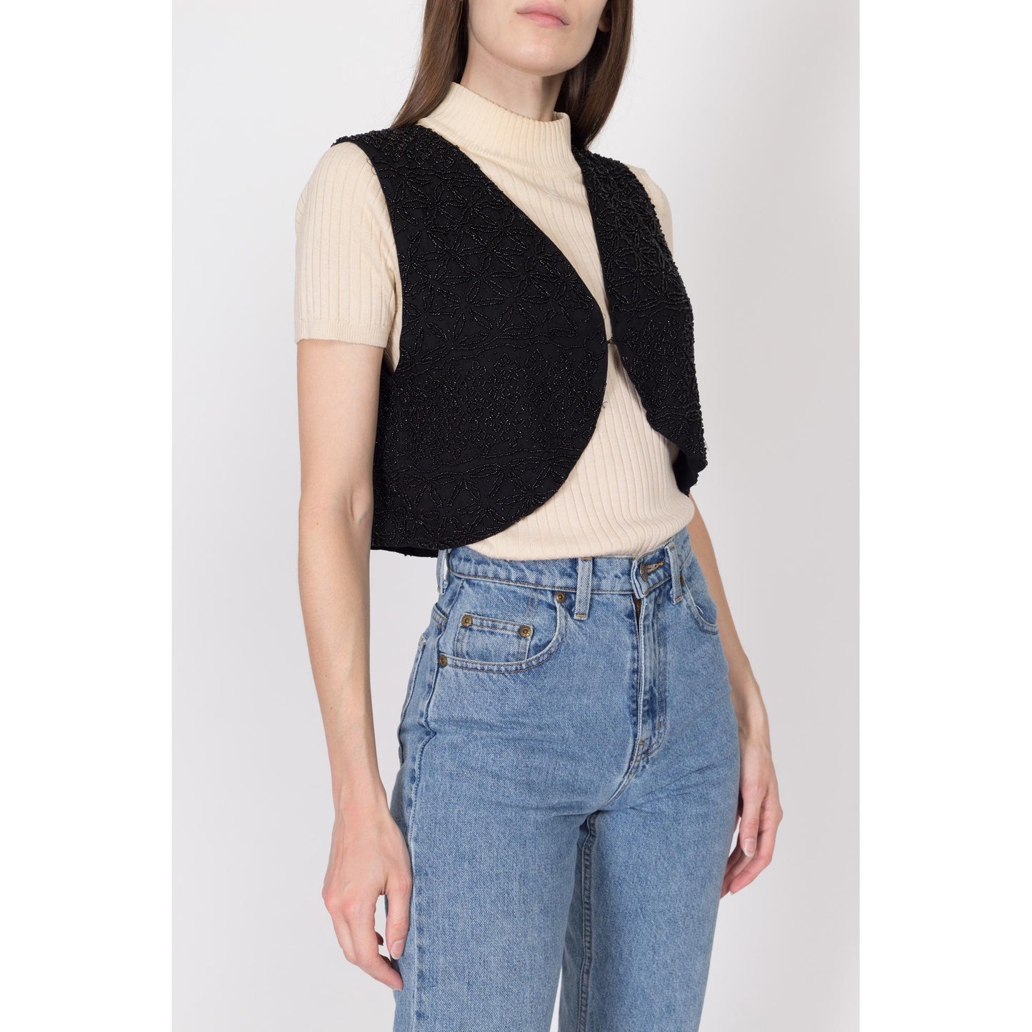 Medium 80s Black Beaded Cropped Vest | Vintage Sleeveless Button Up Crop Top