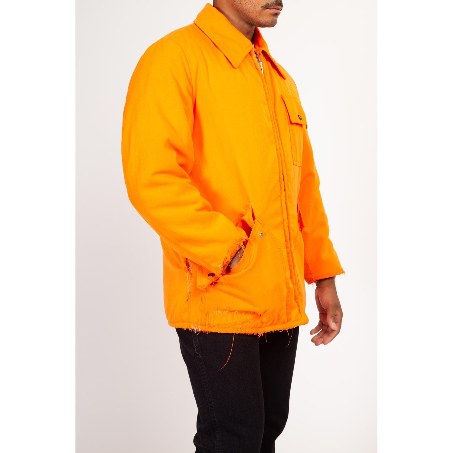 Medium 70s Neon Orange Quilt Lined Hunting Jacket | Vintage Show Shield Samco Distressed Insulated Winter Coat